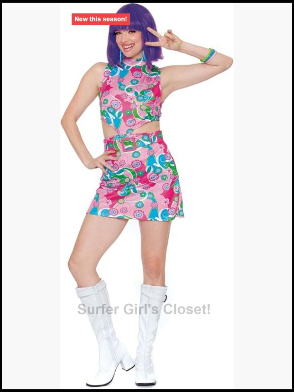 60s Groovy Go-Go Dancer Costume Mock Neck Dress 4-Piece Set